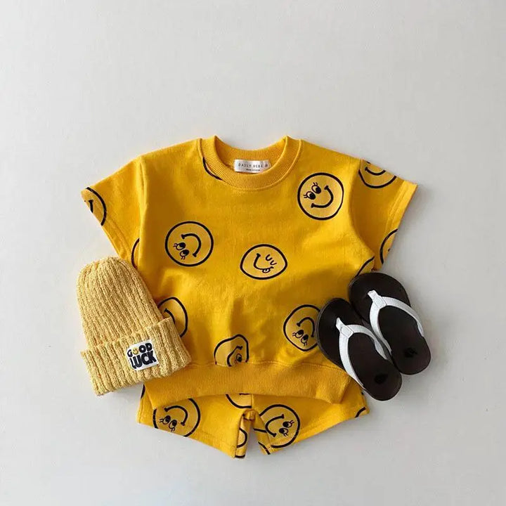 2024 Summer Cotton Smile Print Set for Babies & Kids - Unisex Tops + Shorts
