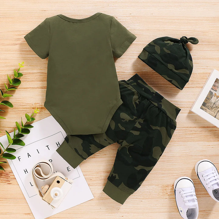 0-18 Months Baby Fashion Set - Letter Print Bodysuit with Camouflage Pants & Headband