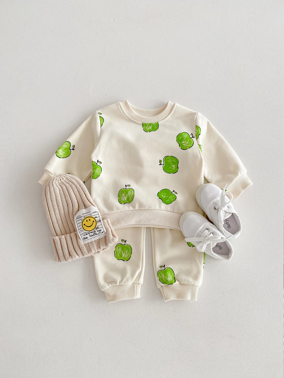 2024 Spring Collection: Green Apple Print Long Sleeve Set for Babies & Toddlers - Unisex 2pc Outfit"