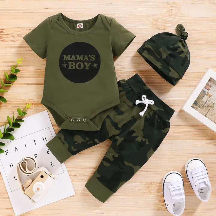 0-18 Months Baby Fashion Set - Letter Print Bodysuit with Camouflage Pants & Headband