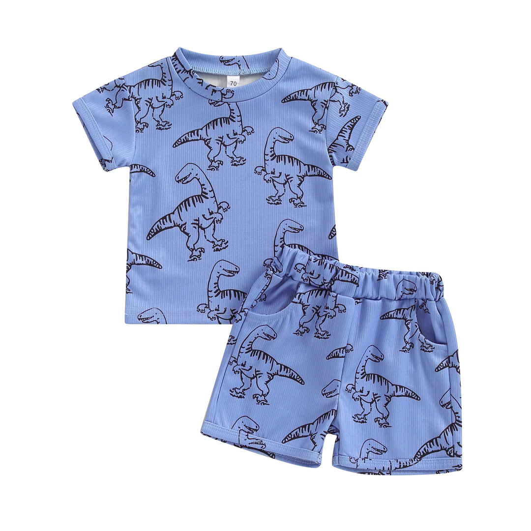 FOCUSNORM Summer Dinosaur Set for Baby Boys 0-3Y - Short Sleeve Tee & Pocket Shorts