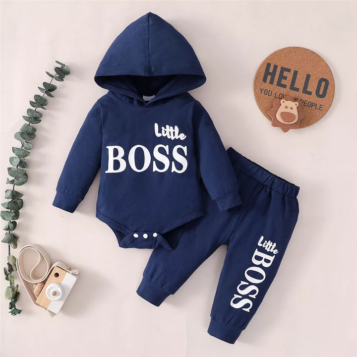 Spring Fashion Baby Boy 2PCS Outfit Set - Hooded Long Sleeve Jumpsuit & Pants