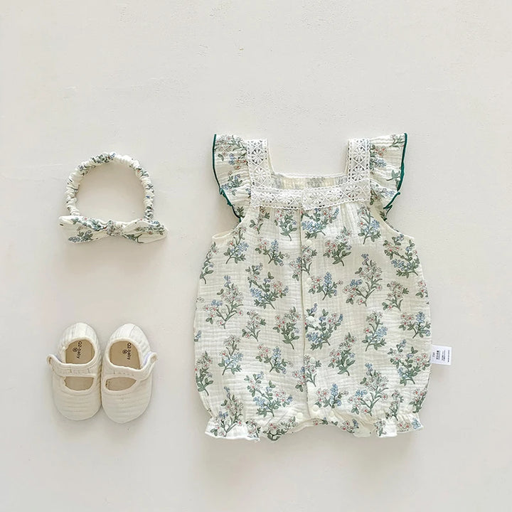 Summer Floral Romper & Hairband Set for Baby Girls - Sweet Green Elegance