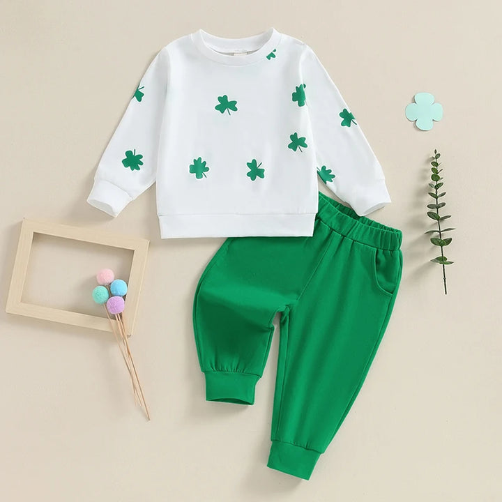 St. Patrick's Day Toddler Girls Outfit Set - Long Sleeve Clover Print Sweatshirt & Green Casual Pants