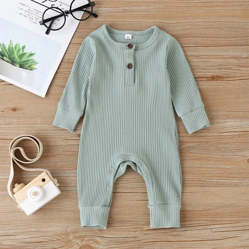 Autumn Cotton Long Sleeve Romper for Newborns & Infants - Solid Color Playsuit Overalls