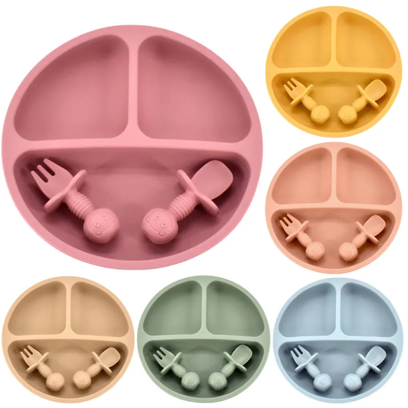 Smile Face Baby Tableware Set - 4Pcs/Set Baby Safe Silicone Dining Plate Solid Cute Cartoon Children Dishes - Retro Kids Plate