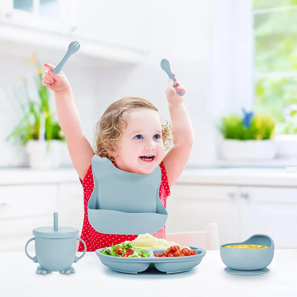 Safe and Easy-to-Clean Children's Feeding Tableware Set - 6-Piece Self-Feeding Set with Sucker Bowl, Bib, Cup, Fork, Spoon, and Maternal and Infant Supplies - BPA Free