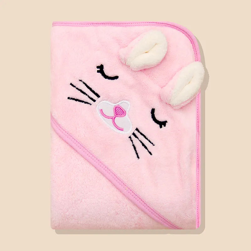 Soft Cartoon Coral Fleece Baby Bathrobe - 80x80cm Hooded Bath Towel Swaddle