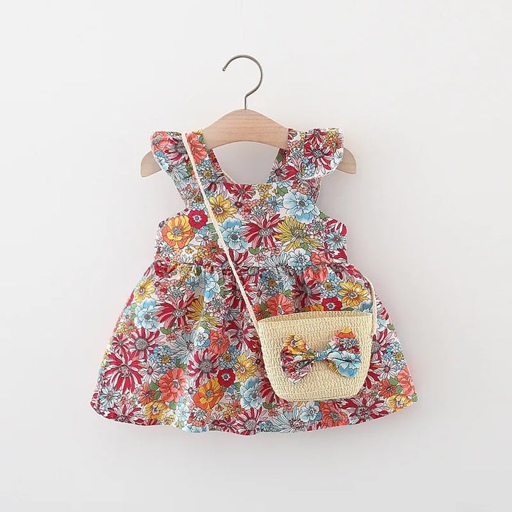 Vintage Garden Floral Baby Girl Dress with Matching Straw Bag - Perfect for Summer