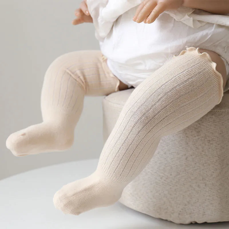 3 pares de calcetines para bebé - Calcetines hasta la rodilla de algodón liso con volantes para niños y niñas 