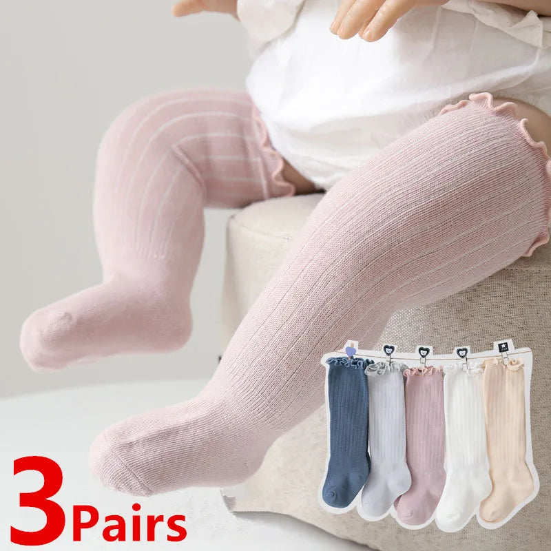 3 pares de calcetines para bebé - Calcetines hasta la rodilla de algodón liso con volantes para niños y niñas 