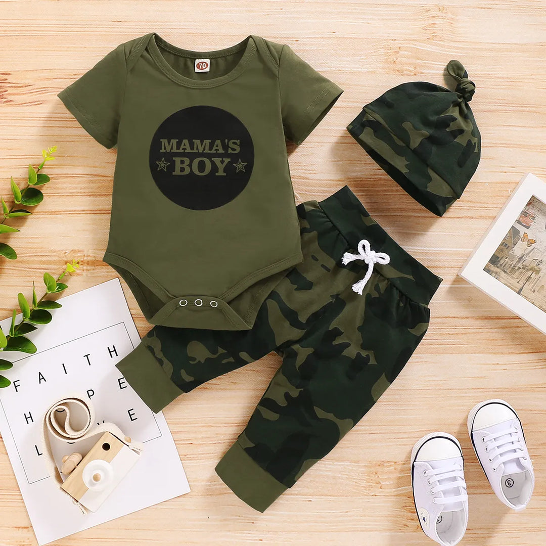 Conjunto de moda para bebés de 0 a 18 meses: body con estampado de letras, pantalones de camuflaje y diadema