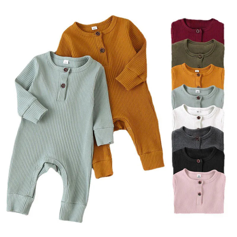Mameluco de manga larga de algodón de otoño para recién nacidos y bebés - Mono de color sólido
